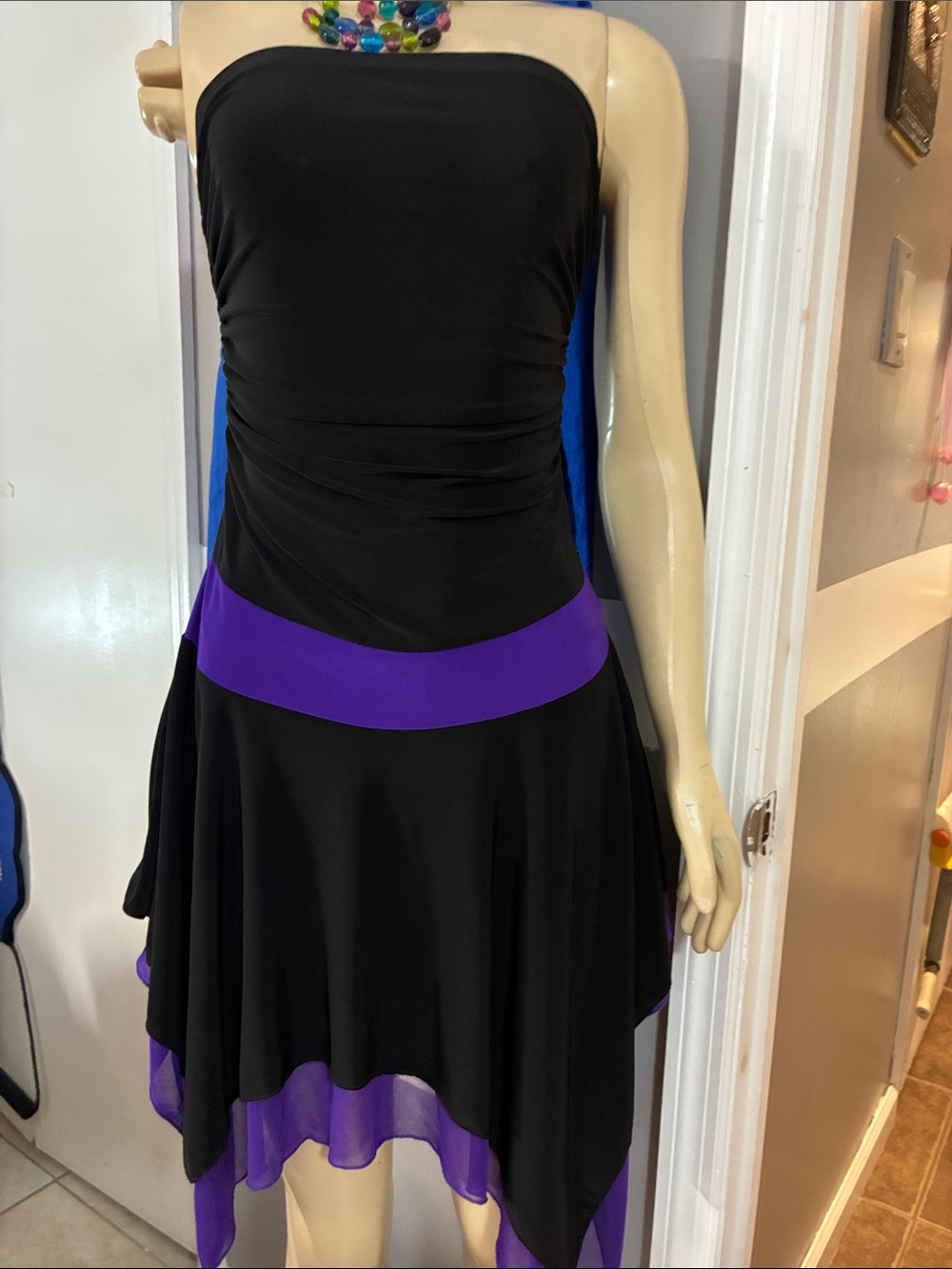 Strapless Black Dress with Purple Accent - Women